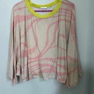 BUCKETLIST Beige Top with Pink Wave Print and Lime Neck Trim